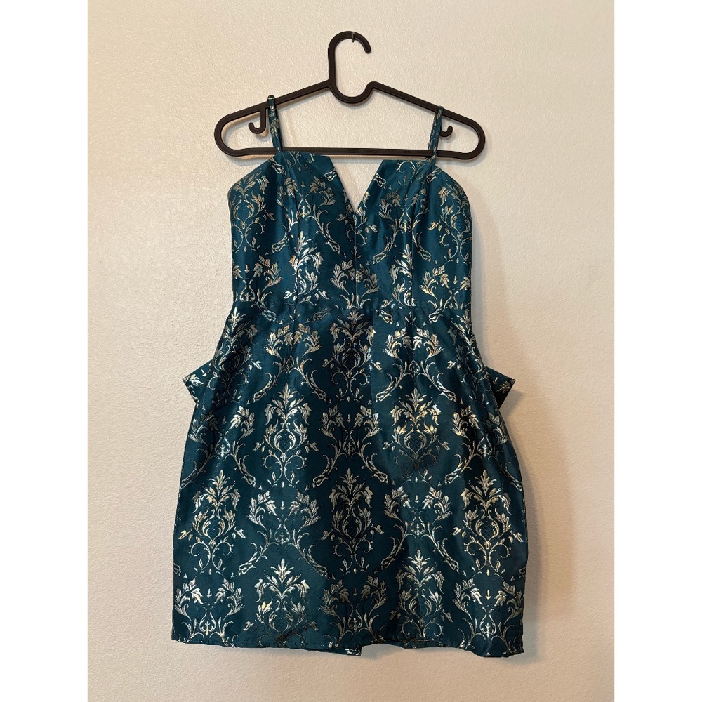 Altar'd State | Jacquard Party Dress with Statement Bow (Teal & Gold)